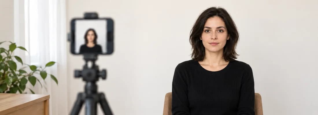 Illustrative home setup with a phone on a tripod facing a seated adult against a plain wall