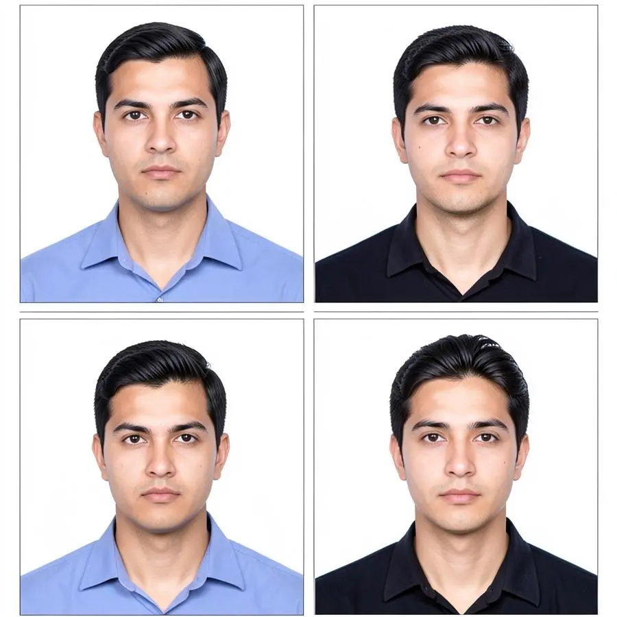 Four neutral identity-photo examples on plain light backgrounds